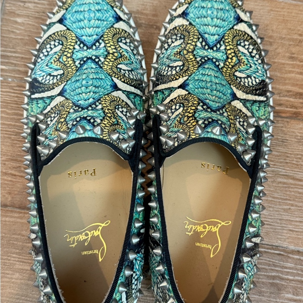 Christian Louboutin Blue and Green Flats with Intricate Embroidery